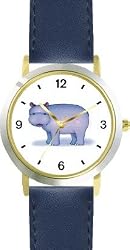 Hippopotamus (Hippo) Cartoon - JP Animal - WATCHBUDDY&reg; DELUXE TWO-TONE THEME WATCH - Arabic Numbers - Blue Leather Strap-Size-Large ( Men's Size or Jumbo Women's Size )