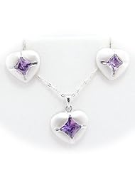 Sterling Silver Amethyst CZ Heart Pendant Earrings Flat Cable Chain 18 inch