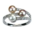 Sincerity Cross Tri Color Cultured Pearl Cubic Zirconia Platinum Overlay Sterling Silver Ring