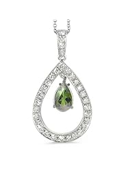 Twin Pear Shaped Diamond Pendant In 18K White Gold With A 0.60 ct. Genuine Green Tourmaline Center Stone.