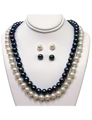 7-8mm Black & White Freshwater Pearl, 2-Necklace and 2-Stud Earring Set with 14K Yellow Gold in Gift Box