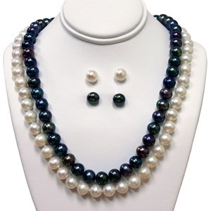 7-8mm Black & White Freshwater Pearl, 2-Necklace and 2-Stud Earring Set with 14K Yellow Gold in Gift Box