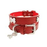 UrbanPup Red Leather Diamante Collar and Diamante Bone Charm (Small - Neck Circumference: 8 to 11 / 20cm to 28cm)