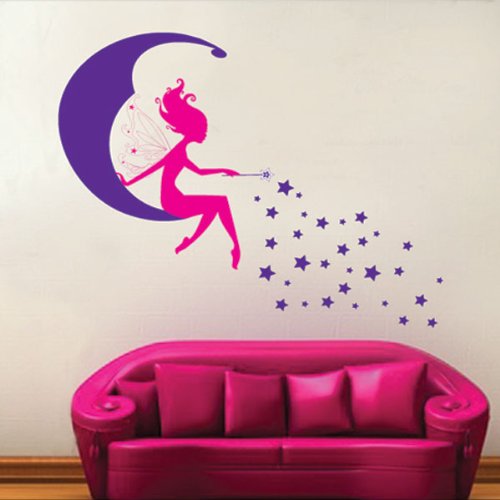 1 X Pink Fairy on Purple New Moon Stars Wall Sticker Decal