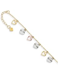 Heart Charm Dangle Anklet, 14K Tri-Color Gold