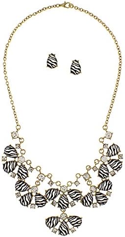 Bling Bar Gem Paved Half Flower Acrylic Stone Fashion Earring/Necklace Set (GOLD/ZEBRA)