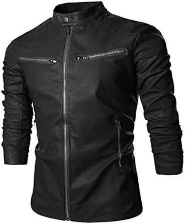 Diorot Men's Simple Slim Fit Stand Collar Zipper Faux Leather Jacket Black
