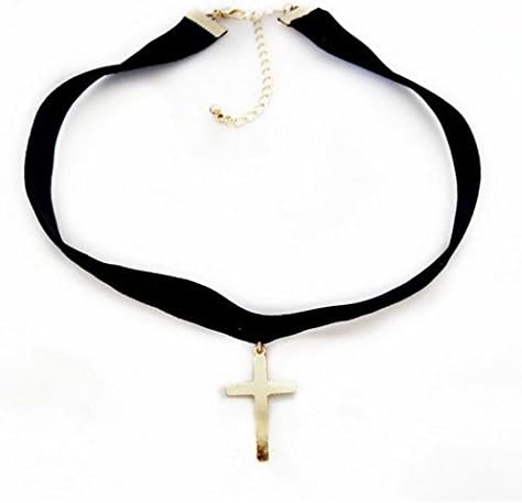 Longil Women Handmade Strechy Rhinestone Tattoo Choker Necklace with Clover Sun Moon Cross Hand Peace Tree Chinese Buddha Animal Elephant Geometry Triangle Pentagram Lotus Leaf Pendant for 80s 90s (Golg Tone Cross)