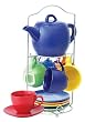 Teekanne und Teebecher, 15-teiliges Teeservice, Tassen, Untertassen sowie Chrom-St�nder, bunt, NEU + OVP