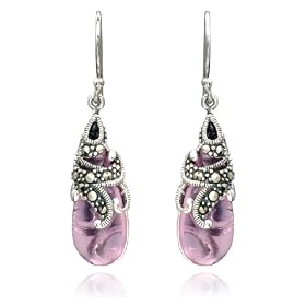 Sterling Silver Marcasite & Pink Glass Teardrop Earrings