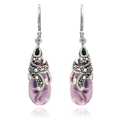 Sterling Silver Marcasite and Pink Glass Teardrop Earrings