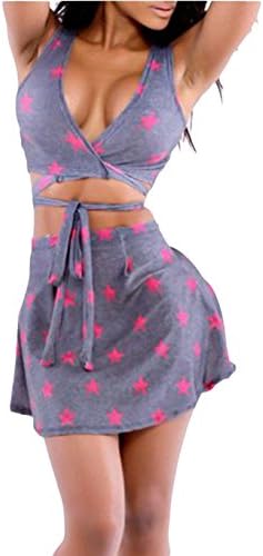 MENGKAI Women's Sexy Club Lace up Printed High Waist Tops Skirt Set S Red Blue