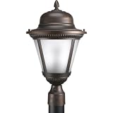 Progress Lighting P5434-20STR 2-Light Compact Fluorescent Post Lantern with Photocell Incorporating Beaded Detailing In Die-Cast Aluminum and Etched Seeded Glass, Antique Bronze