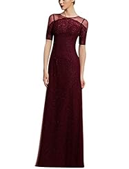 A-line Cocktail Floor Length Short Crepe/Polyester Natural   Waistline Short Sleeves Glittering Lace Scoop Neck Evening Dress/Homecoming Dress/Prom Dress/Wedding Party Dress 