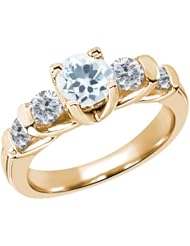 1.63 Ct Round Sky Blue Aquamarine G/H Diamond 18K Yellow Gold Ring