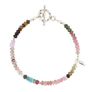 Mulit-Colored Tourmaline Gemstone Bead Toggle Bracelet with Sterling Silver Pendulum Charm, 7" Length, #7525