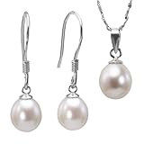 Pearl Essence 7-8mm AAAA Drop Pendant Necklace & Earrings Set in Platinum Overlay CAREFREE Sterling Silver, White