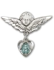 Sterling Silver Baby Badge with Blue Heart/Miraculous Charm and Angel w/Wings Badge Pin