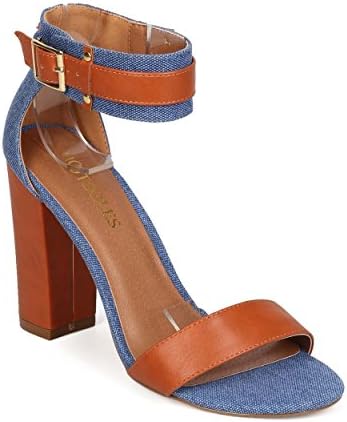 HOTSOLES EC74 Women Denim Open Toe Ankle Strap Block Heel Single Sole Sandal - Blue Denim (Size: 10)