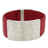 Women's Adjustable Red Leather Cuff with Detailed Stainless Steel Center, 6.25