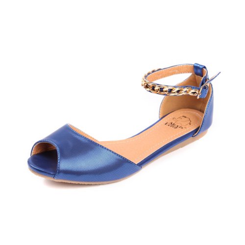 Alexis Leroy Women's Stylish Shiny Glitter Peep Toe Chains Studded Ankle Strap Buckle Flat Dress Sandals