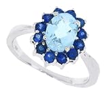 1.43Ct oval Aquamarine and Genuine Sapphire Ring in 10Kt White Gold