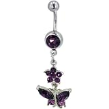 Purple Crystal Flower And Butterfly Dangle Belly Ring