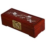 Handmade Mother Of Pearl & Sienna-Red Wood Jewelry Box - Bird & Tree Flower Design