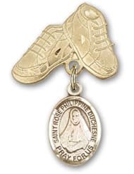 Gold Filled Baby Badge with St. Rose Philippine Charm and Baby Boots Pin
