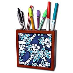 Flowers - Hibiscus Flower On Blue - Tile Pen Holders-5 inch tile pen holder
