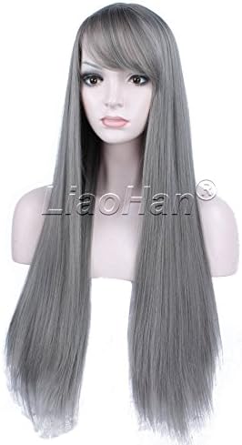 Liaohan® New Straight Long Grey Wig Natural Straight Grey Hair Wig Full Head Anime Hair Cosplay Wig for Women