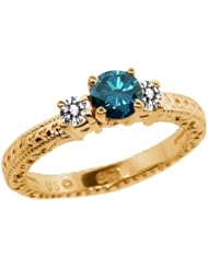 0.75 Ct Round Blue and White Diamond 18K Yellow Gold 3-Stone Ring