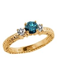 0.75 Ct Round Blue and White Diamond 18K Yellow Gold 3-Stone Ring