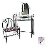 New Black Metal Finish Make Up Vanity Table with Mirror & Skulls & Hearts Themed Bench