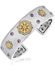 18K Yellow Gold and Sterling Silver Cuff Bangle with Floral Decor (.24 ct. tw.)