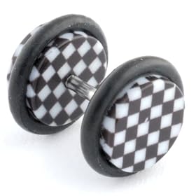 One Acrylic Faux Plug: 16g 1/4" White Checkerboard