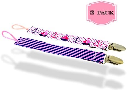 Kozee Baby Pacifier Clips for Girls | 1 Stripe + 1 Print | 8" Length, Metal Clasp, Premium Quality, Safe &amp; Non-Toxic, Set of 2