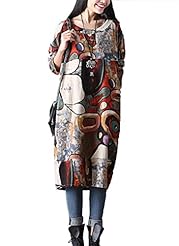 Plus Size Vintage Cotton/Linen General Print  Dress