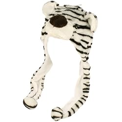 Faux Fake Fur Animal Plush White Tiger Trooper Trapper Slip Tie Ski Snow Pom Pom Hat
