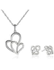 Sterling Silver Diamond-Accented Double Heart Pendant Necklace and Earrings Jewelry Set