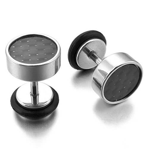 Men's 8mm Stainless Steel Resin Stud Carbon Fiber Earrings Black Silver Tapers Cheater Faux Fake Ear Plugs Gauges Illusion Tunnel Non Pierce Body Jewelry