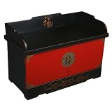Red & Black 33" Lacquer Wood Storage Cabinet / Bench W/ Chinese Prosperity Symbol & Etched Brass