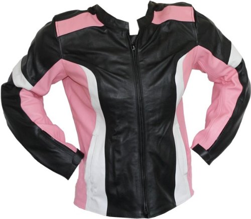 Damen Lederjacke Motorradjacke aus Rindsleder Kombijacke Schwarz/Pink, Größe:2XL