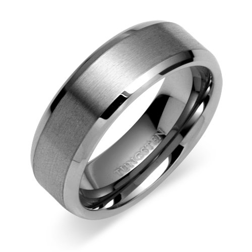 Beveled Edge Center Brushed Finish 8mm Comfort Fit Mens Tungsten Carbide Wedding Band Ring Size 11