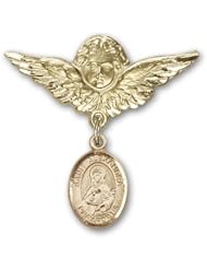 14K Gold Baby Badge with St. Alexandra Charm and Angel with Wings Badge Pin