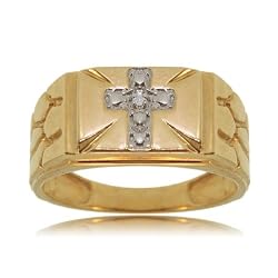 Mens Cross Ring with Diamonds in White and Yellow Gold