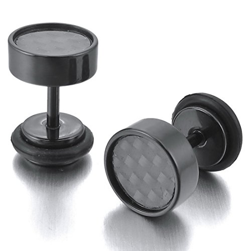 Men's 8mm Stainless Steel Stud Resin Carbon Fiber Earrings Black Silver Tapers Plugs Tunnel