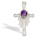 14K White Gold Genuine Heart Amethyst and Diamond Cross Pendant