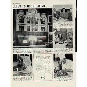 "CLUES TO GOOD EATING - From old frontier days came the inspiration for the Covered Wagon Cafe in Minneapolis, Minnesota. Across the street from the California State Capitol in Sacramento is Bedell's Restaurant. Dine and dance at the Roof Garden atop Boston's Ritz Carlton Hotel. In the heart of Germantown, Pennsylvania - the Philadelphia suburb where George Washington scored one of his military triumphs - the Vernon Restaurant's Chief Chef Jack Mortenson serves the public. Since 1899, The Krebs, at Skaneateles Lake, New York, has been doing a flourishing business." 1943 Heinz 57 Ad, A2455A