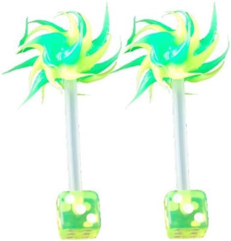 plastic tongue rings unique dice green 14g 14 gauge 1.6mm, 5/8" inches 16mm long - Clear Flexible acrylic bars bar nipple barbell straight ear earring with 5mm - Pierced Body Piercing Jewelry Jewellery - Set of 2 ADMV